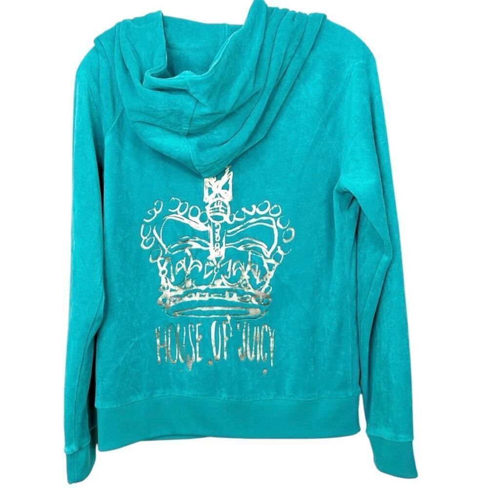 VINTAGE JUICY COUTURE Y2K “House of Juicy” Gold Foil Crown Velour Hoodie Sz. M - Picture 1 of 4